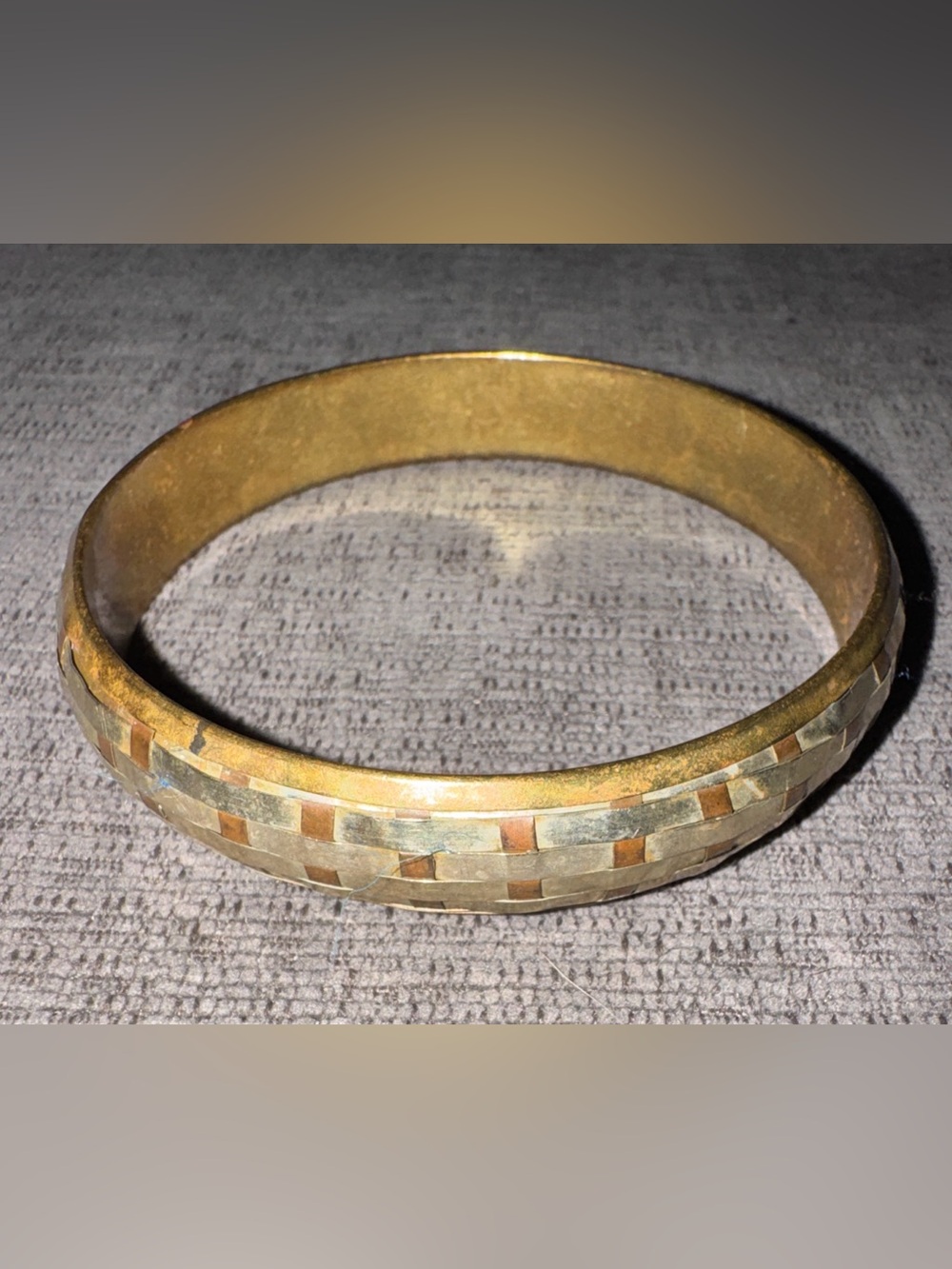 Vintage Brass Basketweave Inlay Bangle Bracelet - Mixed Metal Tone